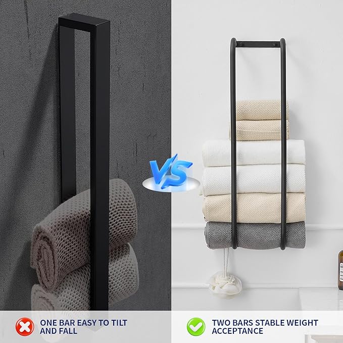 BWE Black Towel Racks for Bathroom, Stainless Steel Towel Holder for Rolled Towels, Wall Mounted Bathroom Towel Storage Holds Up 6 Large Bath Sheets, with 2 Hooks