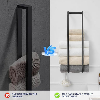 BWE Black Towel Racks for Bathroom, Stainless Steel Towel Holder for Rolled Towels, Wall Mounted Bathroom Towel Storage Holds Up 6 Large Bath Sheets, with 2 Hooks