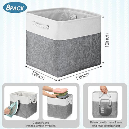 meekoo 8 Pack Collapsible Storage Bins Fabric Storage Bins Polyester Fabric Baskets with Handles Linen Closet Organizer for Shelf Home Closet Towels Toys(12 x 12 x 12 in,Gray White)