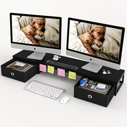 Mexin Dual Monitor Stand Riser with 2 Drawers - 39Inch Large Storage Computer Monitor Stands for 2 Monitors, Wooden Desktop Organizer Perfect for Home Office Desk, Computer, Laptop, TV, Black