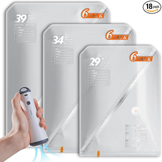 Vacbird Vacuum Seal Bags for Clothing with Rechargeable Cordless Pump, 18 Pack Vacuum Storage Space Saver Bags, Compression Packing for Clothes Bedding Blanket Pillows Comforters Luggage Travel