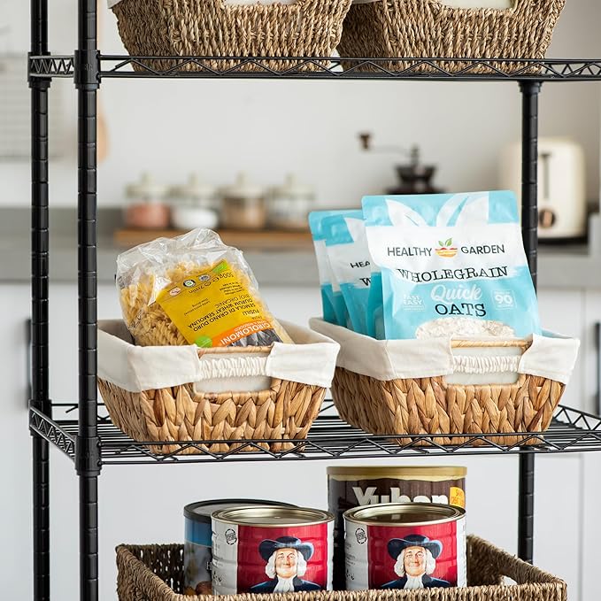 JS HANGER Wicker Storage Basket with Washable Liners, Metal Frame, Set of 2, 12.6"L x 8.7"W x 4.3"H, Water Hyacinth Woven Basket for Pantry, Toilet, Bathroom, Bedroom, Patio, Natrual