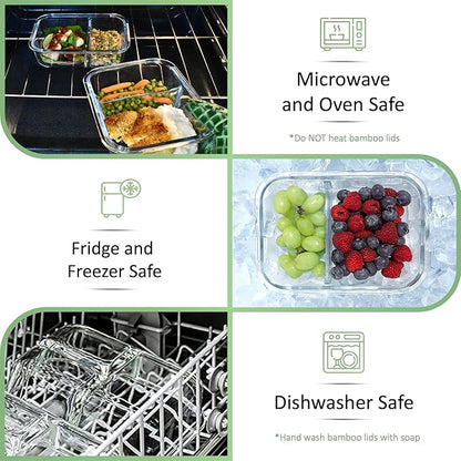 EcoPreps Glass Meal Prep Containers with Bamboo Lids, 2 Compartment Glass Bento Box Container Set (3 Pack) | 100% Plastic Free, Eco-Friendly, Lunch Containers with Lids Made of Bamboo - Set of 3
