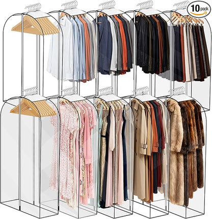 10 Pack Clear Garment Bags for Hanging Clothes 40&50'' Long Clothes Storage Bag with Zippers on Double Sides 10" Gusseted Plastic Clothes Cover for Closet Shirts Coats Dresses Fur Jacket Long Suit