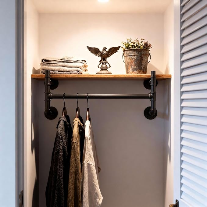 WEBI Wall Mounted Clothes Rack with Shelf,27" Industrial Pipe Clothing Rack with Shelf with Hanging Rod,Heavy Duty Iron Garment Rack Bar,Retail Display Clothes Rod for Laundry Room,Closet,Black