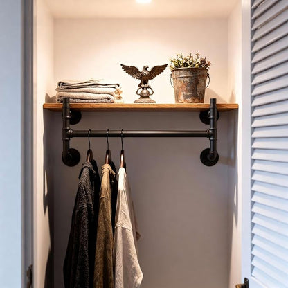 WEBI Wall Mounted Clothes Rack with Shelf,27" Industrial Pipe Clothing Rack with Shelf with Hanging Rod,Heavy Duty Iron Garment Rack Bar,Retail Display Clothes Rod for Laundry Room,Closet,Black