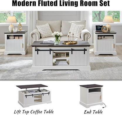 wow97e 22" Large Fluted Nightstand with Charging Station, Modern End Table, Wood Side Table w/Open Shelf & Spacious Tabletop, Bedside Table with Storage Space for Bedroom, Living Room-White