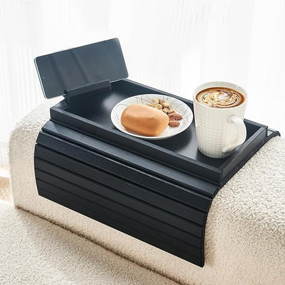 Bamboo Sofa Arm Tray Armrest Table with 360° Rotating Phone Holder, Anti Falling Couch Arm Tray, Foldable and Portable Sofa Armrest Cup Holder for Drink,Cups, Phone, Snacks, Remote