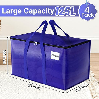 FabSpace Moving Storage Bags, Moving Supplies Packing Boxes for Moving, Camping, College Dorm Room Essentials for Girls, Blue Tote Bags, Heavy-Duty Storage Bins With Lids And Zippers, 125L 4 Pack