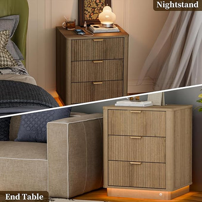 BONITURE 20'' Fluted Night Stand Set of 2, Curved Nightstands with Charging Station Lighting, Wood End Table with 3 Drawers, Modern Side Table Storage Cabinet for Bedroom Office,(2, Natural)