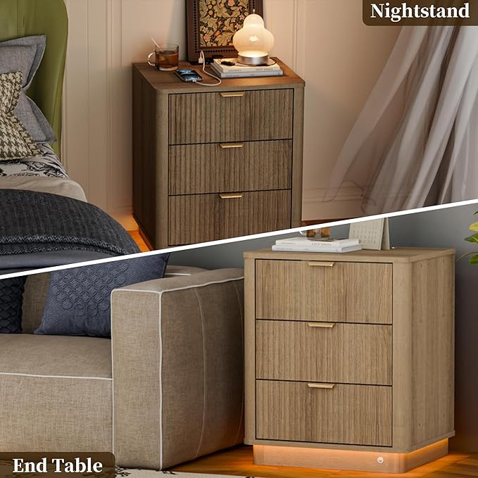 BONITURE Fluted Nightstand, Curved Night Stand with Charging Station Lighting, Wood End Table with 3 Drawers, Modern Side Table Storage Cabinet for Bedroom Office,(1, Natural)