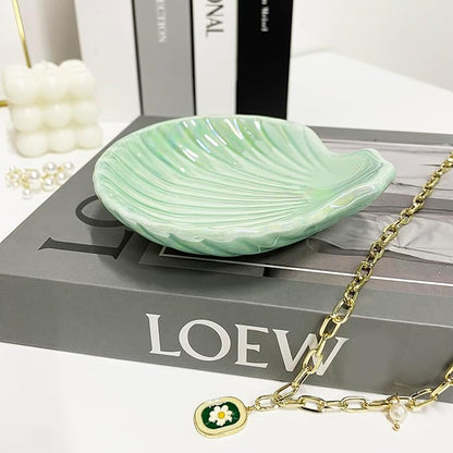 Ceramic Shell Ring Holder Dish, Small Shell Trinket Dish, Beachy Jewelry Plate for Earrings Necklace Valentine's Mother's Day Christmas Birthday Gifts for Women, 3.9", Ice Green Iridescent Surface