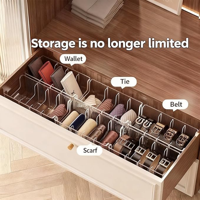 Liznkjious Acrylic Belt Organizer, 2 Pack with 5 Adjustable Dividers, Clear Stackable Belt and Tie Storage Organizer for Closet and Drawer, Multi-Purpose Display Bins for Belts,Ties, Socks, Underwear