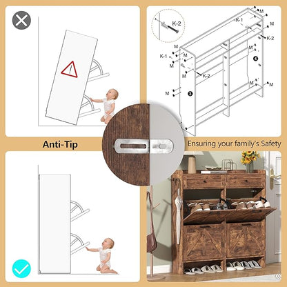 Shoe Cabinet with 4 Flip Drawers & 2 Storage Drawers, Rustic Farmhouse Narrow Shoe Organizer Cabinet, Slim Shoe Rack Cabinet, Shoe Storage Cabinet for Entryway, Hallway, Front Door