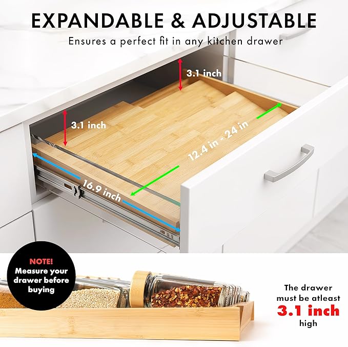 EDELHAUS Bamboo Spice Drawer Organizer - Expandable 4 Tier Spice Rack (Need 3" Deep Drawer) 12" to 24" Wide, Seasoning Organizer, Organization Seasoning Rack insert (Jars Not Included)