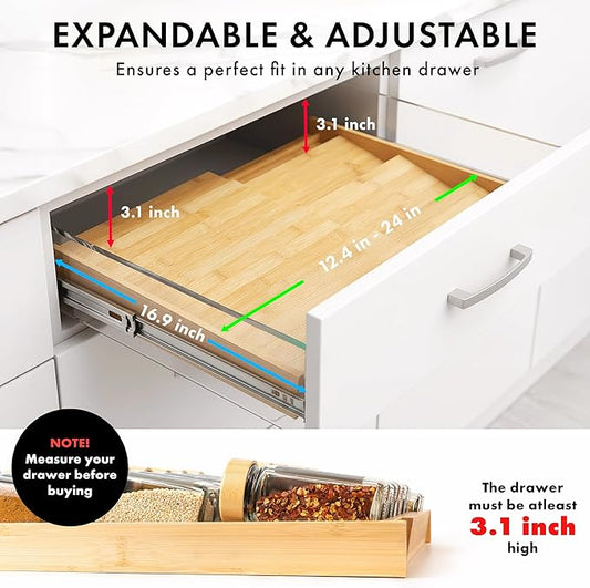 EDELHAUS Bamboo Spice Drawer Organizer - Expandable 4 Tier Spice Rack (Need 3" Deep Drawer) 12" to 24" Wide, Seasoning Organizer, Organization Seasoning Rack insert (Jars Not Included)