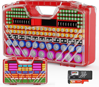 Battery Organizer Storage Holder Box Case with Tester - 285 Batteries Double-Sided Variety Pack, Holds AA AAA 4A C D Cell 9V 3V Lithium LR44 CR2 CR123 CR1632 18650 Button