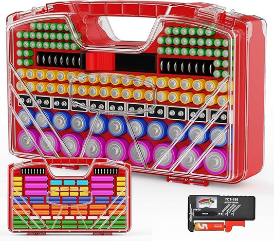 Battery Organizer Storage Holder Box Case with Tester - 285 Batteries Double-Sided Variety Pack, Holds AA AAA 4A C D Cell 9V 3V Lithium LR44 CR2 CR123 CR1632 18650 Button