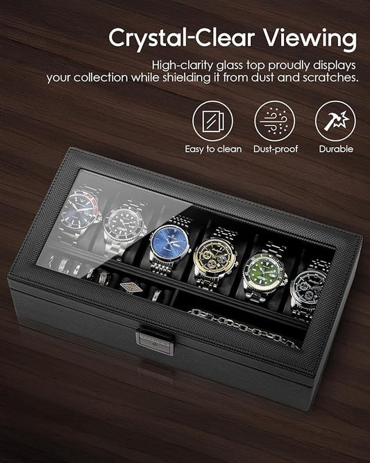 Vlando 6-Slot Watch Case for Men, Watch Box with Glass Lid, Storage for Rings, Keys, Business Textured Leather Organizer Display Case, Soft Pillow, Gifts for Fathers, Dad, Husband - Black