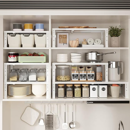 Expandable Spice Rack & Kitchen Cabinet Organizer - Stackable, Adjustable Shelves for Cabinets, Countertops, Cupboards & Pantries(2 Packs/Large/White)