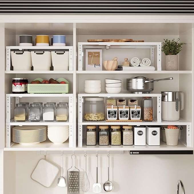 Expandable Spice Rack & Kitchen Cabinet Organizer - Stackable, Adjustable Shelves for Cabinets, Countertops, Cupboards & Pantries(2 Packs/Medium/White)