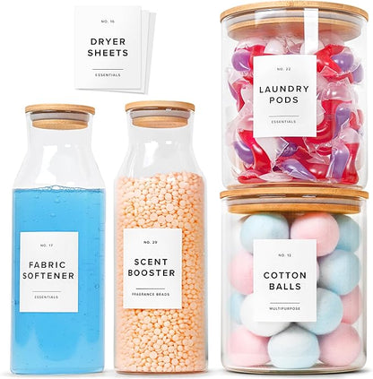 Glass Laundry Detergent Dispenser Containers with 36 Labels - Glass Jars with Lids - Laundry Room Organization - Storage Containers for Detergent, pods, liquid Fabric softener, Scent Booster Set of 4