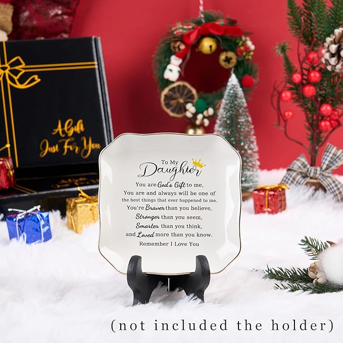 Jelershy Daughter Gifts Ring Jewelry Dish Tray - Christmas Valentines Mother's Day Wedding Birthday Gifts for Daughter from Mom - You Are God's Gift to Me... You're Brever Stronger Smarter Loved