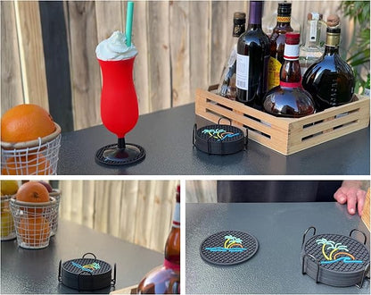 Tiki Bar Ocean Beach Coasters Set of 6 with Holder, Tiki Bar Decor Silicone Nautical Coasters, Hawaiian and Luau Decorations, Beach Theme Coastal Decor, Tropical Chill and Surf Waves Styles