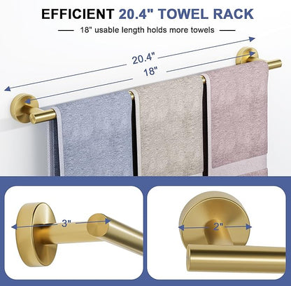 Brushed Gold Towel Bar, 18 Inch Towel Racks for Bathroom Wall Mounted, SUS304 Stainless Steel Bathroom Towel Holder, Total Length 20.4 Inch Towel Bars