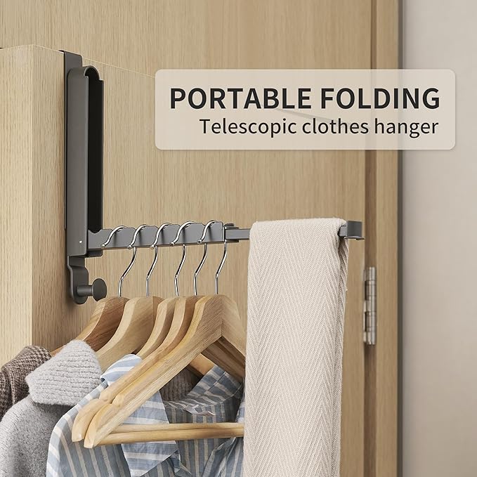RFOUO Over The Door Hooks Hanger Fit Door up to 1 3/4" Optimal 2pc,Over The Door Hanger with Retractable Rod,Foldable Over The Door Drying Rack for Laundry Bathroom Bedroom (Space Grey, 2 Pack)