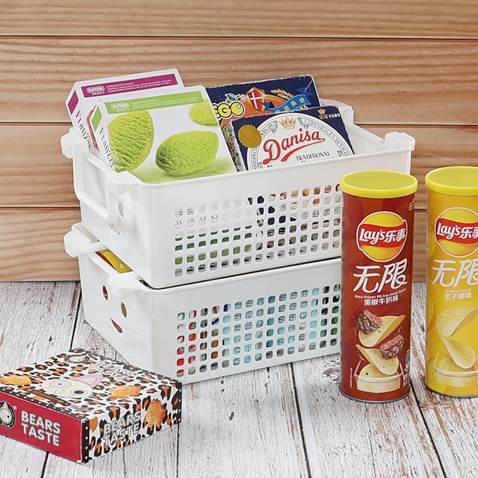 Saedy 4 Packs Plastic Baskets with Handle, Stackable Basket Organizer Bin, White