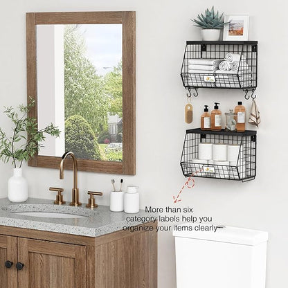 Black Kitchen Wall Hanging Storage Basket Set of 2, Rustic Stackable Kitchen Counter Fruit Organizer, Wire Baskets Container for Veggie, Garlic, Produce, Onion and Potato (Black Shelf)