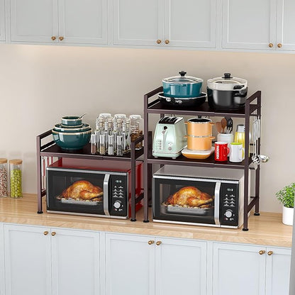PUSDON Microwave Oven Rack, Adjustable Heavy Duty 3-Tier Shelf with 3 Hooks for Kitchen Counter Top Organizer, Holds 160lbs, Bronze