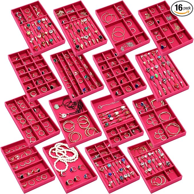 Landical 16 Pcs Jewelry Tray Velvet Stackable Jewelry Organizer Trays Drawer with Divider Earring Ring Necklace Display (Hot Pink)