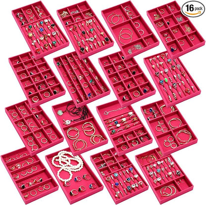 Landical 16 Pcs Jewelry Tray Velvet Stackable Jewelry Organizer Trays Drawer with Divider Earring Ring Necklace Display (Hot Pink)