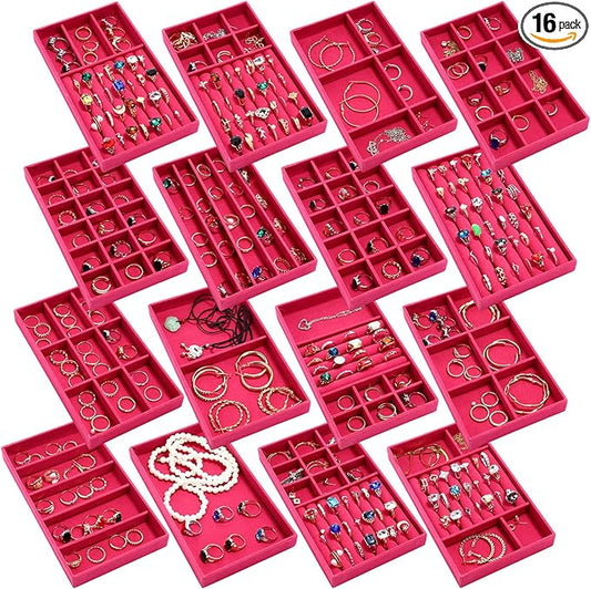 Landical 16 Pcs Jewelry Tray Velvet Stackable Jewelry Organizer Trays Drawer with Divider Earring Ring Necklace Display (Hot Pink)