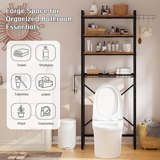 Insdiy Over-The-Toilet Storage Rack, 4 Tier Bathroom Shelf Organizer Over Toilet with Adjustable Shelves, Basket, Hooks, Paper Holder, Quick Interlock Install & Water-Resistant Shelves (Vintage Brown)