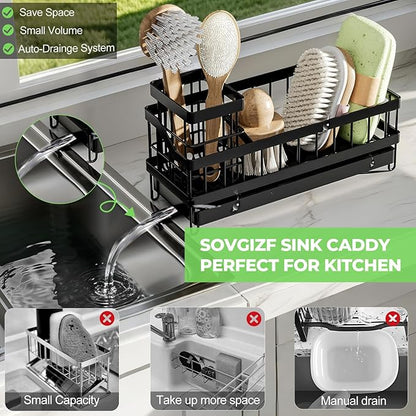 SOVGIZF Sink Caddy kitchen Organzier with High Brush Holder, Wall-Mounted Sponge Holder for Sink, Countertop Organizer Soap Dispenser Storage, Rustproof 304 Stainless Steel Kitchen Essentials