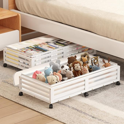 Wisuce Home Under Bed Storage Containers With Wheels - 2 Pcs Large Bamboo Wood Rolling Underbed Shoe Storage Bins With Dust Bags for Clothes Blankets, Duvet Covers Snacks Toys (White)