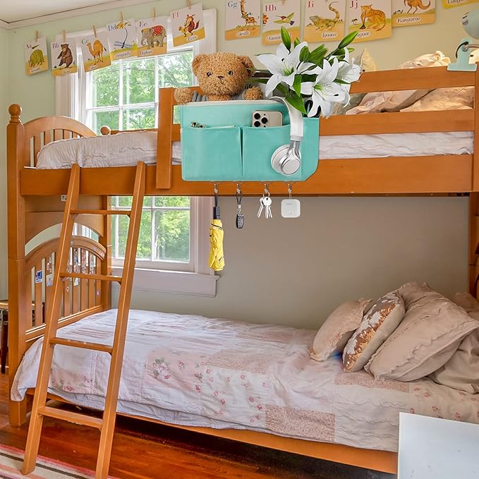 Frjjthchy Bedside Storage Organizer 5 Pockets with 4 Hooks Hanging Storage Bag for Headboards/Bunk Bed (Light Green)