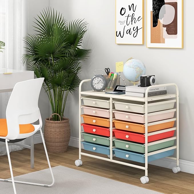 Giantex 12 Drawers Rolling Cart, Mobile Storage Drawer Cart, Classroom Organizer Cart for Office School Supplies Tools Scrapbook Paper Craft Small Printer, Utility Cart on Wheels, Macaron