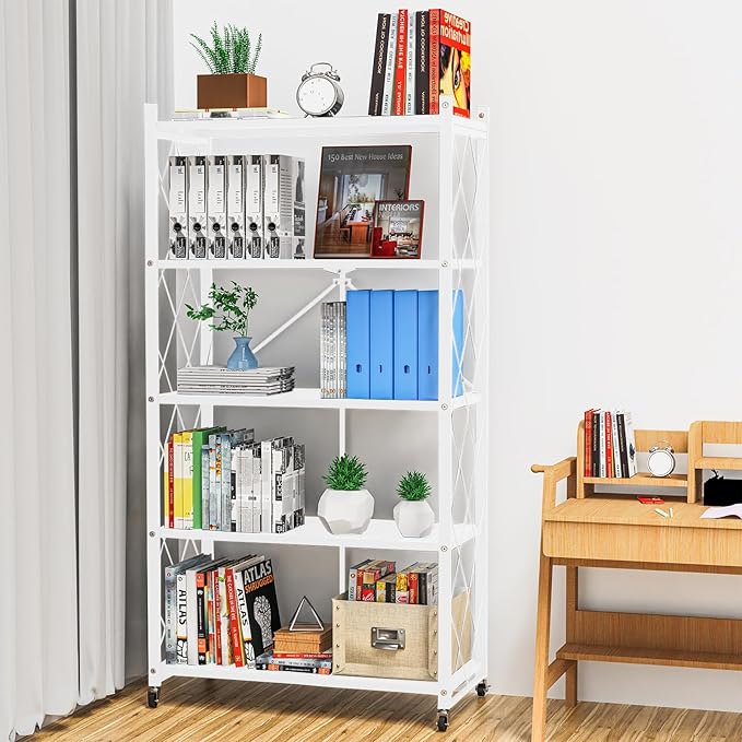Lifetime Home 5-Tier Foldable Storage Shelf with Wheels - Metal Rack Collapsible Shelving Unit Display, Rolling Cart for Books Kitchen Storage Shelves, Pantry & Closet Organizer, Office Room Decor