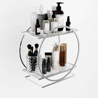YIWANFW Perfume Organizer for Bedroom Dresser- Sliver Makeup Organizers for Vanity, 2 Tier Bathroom Countertop Organizer Perfume Tray Skincare Storage Cosmetic Display Rack, Make Up Counter Shelf