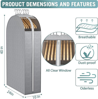 10" Gusseted Garment Bags for Hanging Clothes with Clear Window 50" Suit Bags for Open Closet Storage, Clothing Cover for Coat, Dress, Jacket, Shirt, Fur Wardrobe Protector, 3 Packs