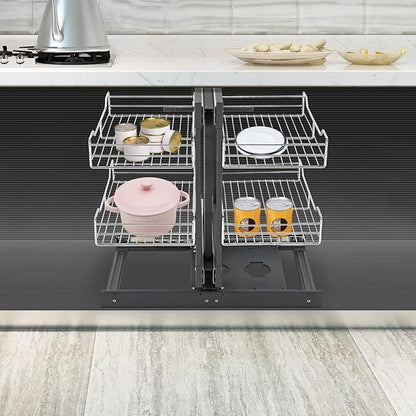 QIANMOON Kitchen Corner Cabinet Pull Out, Magic Corner Pull Out Open, 2 Tiers Swing Tray, Blind Corner Soft Close, for Place Pots and Pans, Containers, Spice Jars