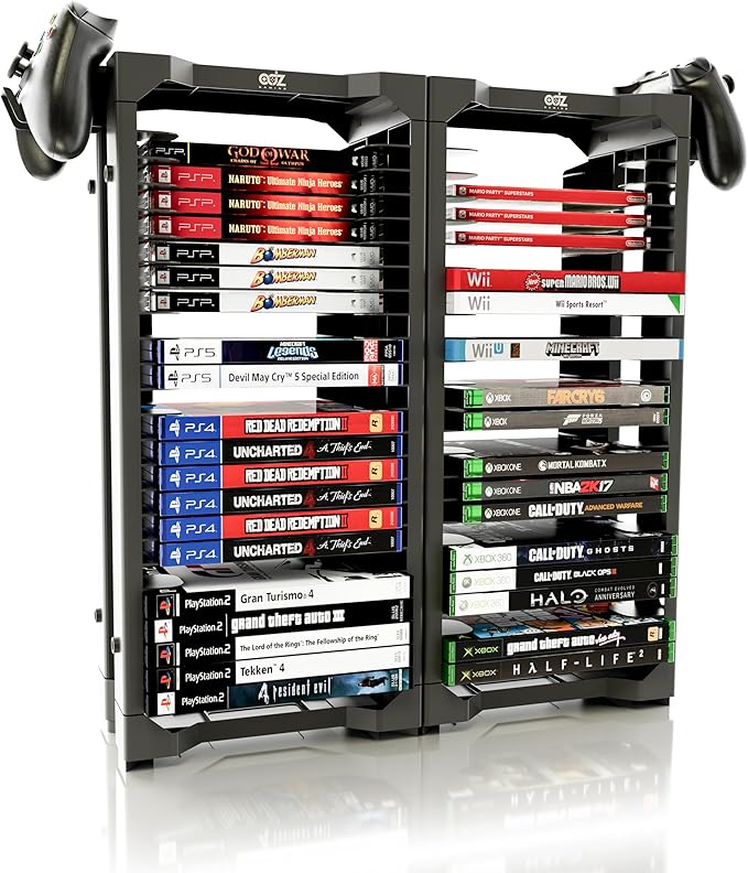 ADZ Universal Game Holder – 46 Game Storage Tower Rack for PS2 PS3 PS4 PS5 PSP Xbox 360 Xbox One Series X Wii Switch Games DVD and Blu-Ray Disks. Includes 2 Controller Mounts (Black)
