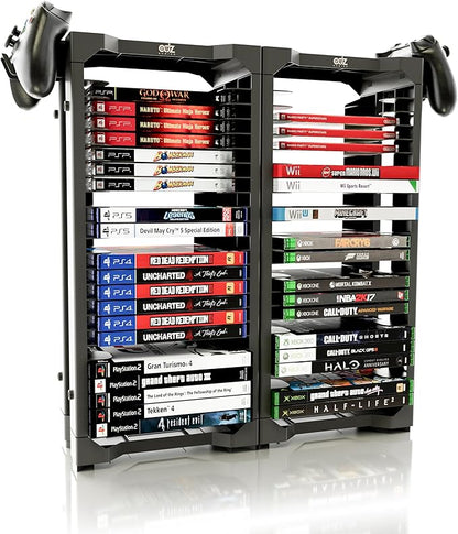 ADZ Universal Game Holder – 46 Game Storage Tower Rack for PS2 PS3 PS4 PS5 PSP Xbox 360 Xbox One Series X Wii Switch Games DVD and Blu-Ray Disks. Includes 2 Controller Mounts (Black)