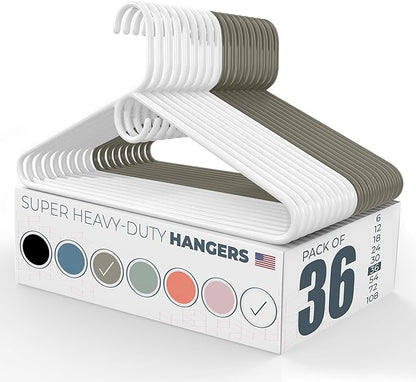 Neaties Super Heavy Duty Clothes Hangers 36 Pack – Made in The USA - 10lb Capacity, Thick Plastic Hangers for Pants, Coats, Jackets, Jeans and Adult Clothing – White & Gray