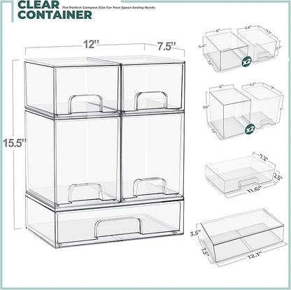 Sorbus Stackable Acrylic Storage Drawers – 2 Small + 2 Tall + 1 Wide – 5 Pack Clear Plastic Organizer Bins for Baby Bottles, Makeup, Bathroom & Vanity, Pull-Out Drawer Design for Kitchen Cabinets