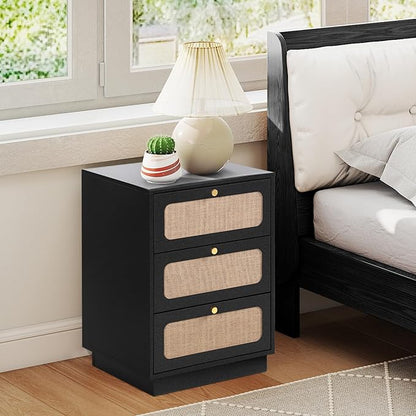 AVZEAR Mid Century Night Stand with 3 Drawers, Farmhouse End Table with Storage & Curved Linen Panel, Modern Nightstands Bedside Table Small Side Table for Small Space,Bedroom(Black)